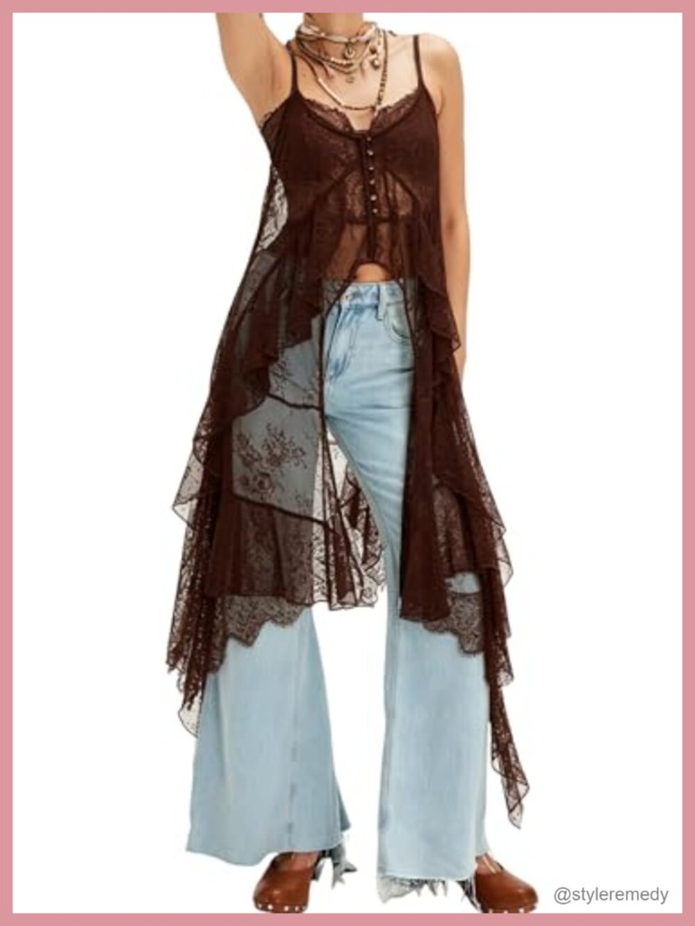 Boho Lace Sheer Flowy Cami Top Spaghetti Strap High Low Ruffle